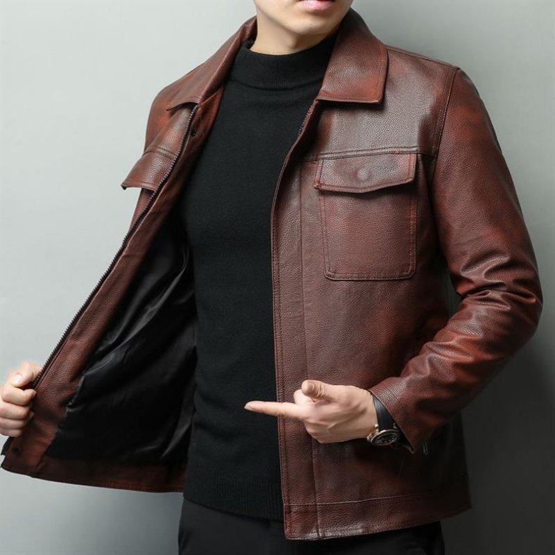 Retro Gaming Jacket - Vintage Brown Cowhide Leather Biker Jacket